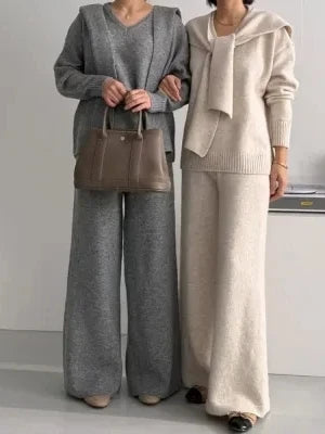 Loose V-neck Knitwear Women's Fashion Sweater Small Shoulder Drape Wide Leg Pants Autumn Three-piece Set Korean Style