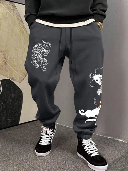 Men's Streetwear Traditional Chinese White Tiger Koi Fish Print Sweatpants Elastic Waist Soft Asian Hip Hop Daily Joggers