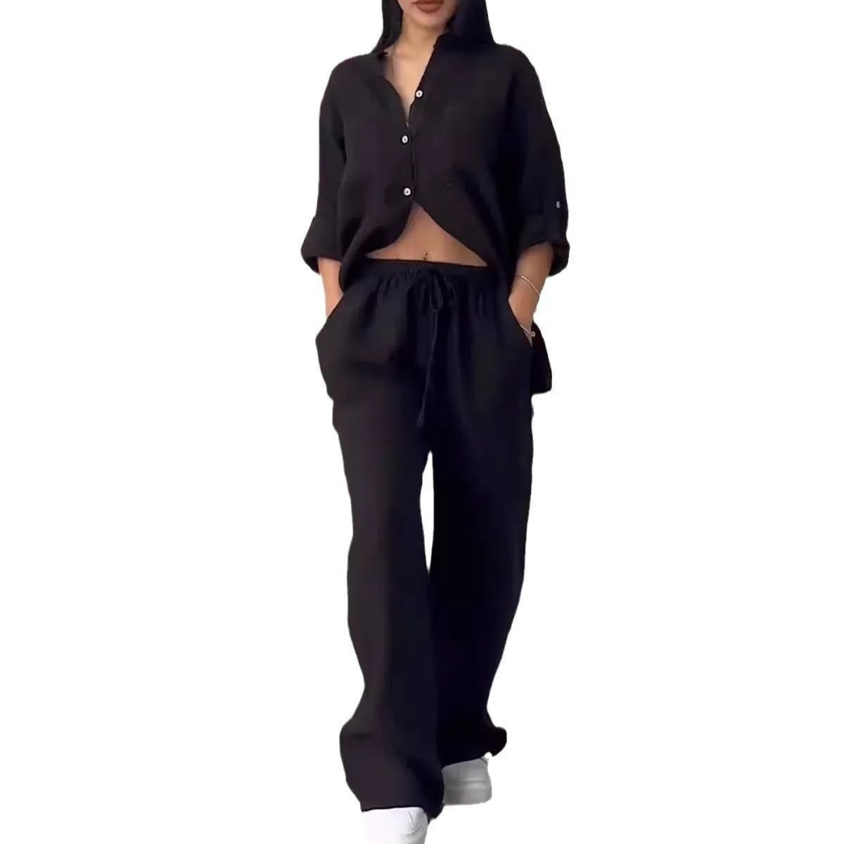Women's  Color Long Sleeve Shirt And Wide Leg Pants Two-Piece Set Button-Up Tie Waist Long Pants Fashionable Ensemble