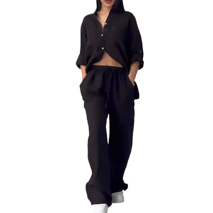 Women's  Color Long Sleeve Shirt And Wide Leg Pants Two-Piece Set Button-Up Tie Waist Long Pants Fashionable Ensemble