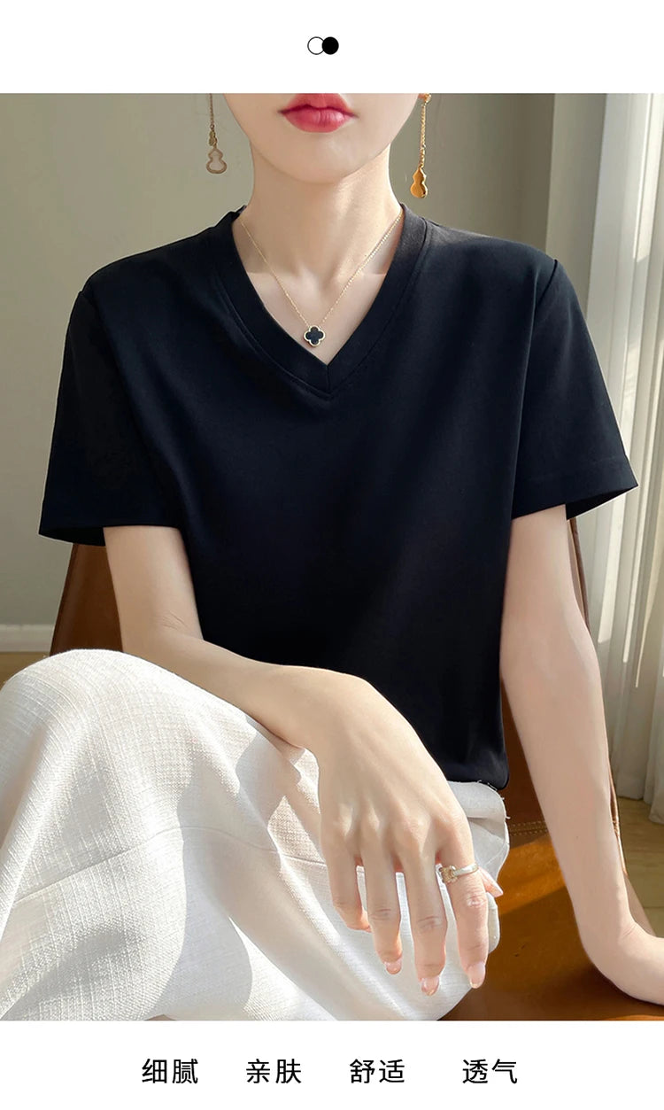 2026 Summer New Pure Cotton V-neck Short-sleeved T-shirt Women's Solid Color Joker Pullover Shirt with Loose Sleeve Bottom Shirt