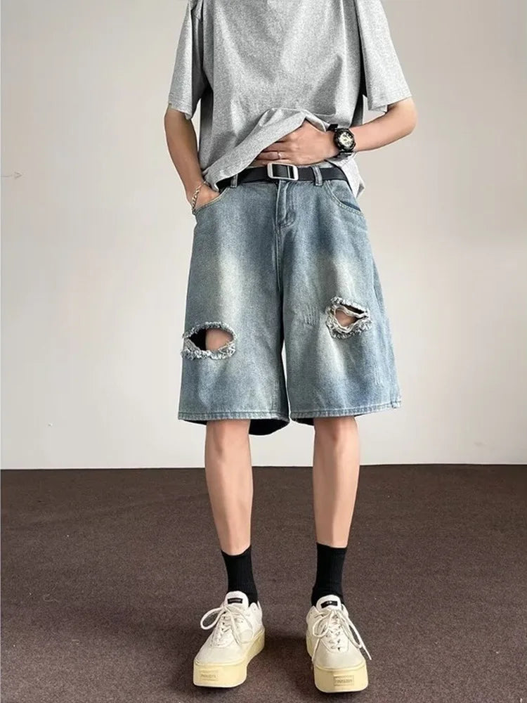 Vintage American High Street Washed Hole Denim Shorts Men's Summer Loose Straight Five-Point Pants Casual mid Waist Jeans