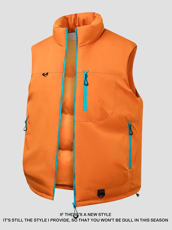 Orange down Cotton Vest Men's Autumn Winter Windproof Warm Shoulder Bared Vest Casual Workwear Jacket Standard Fit Polyester ...
