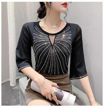 2026 Spring Summer Mesh Tops Korean Fashion Diamond T Shirt Slim 3/4 Sleeve Hollow Out Casual Women Shirt