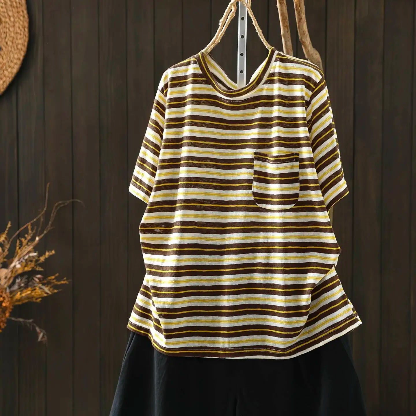 Women Summer Short-sleeve T-shirt 2026 Summer New Stylish Striped Single-pocket Loose T-shirt ZXY154