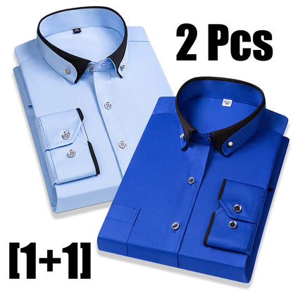 Fashion Color Contrast Men's Elastic Non-iron Long-sleeved Business Shirts Diamond Button Single Pocket Comfort Workwear Clothes