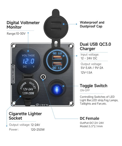 12v Usb Dual Car Cigarette Lighter Socket Charger Mobile Phone Power Waterproof Usb Port Adapter 5v Sockets Voltmeter Digital