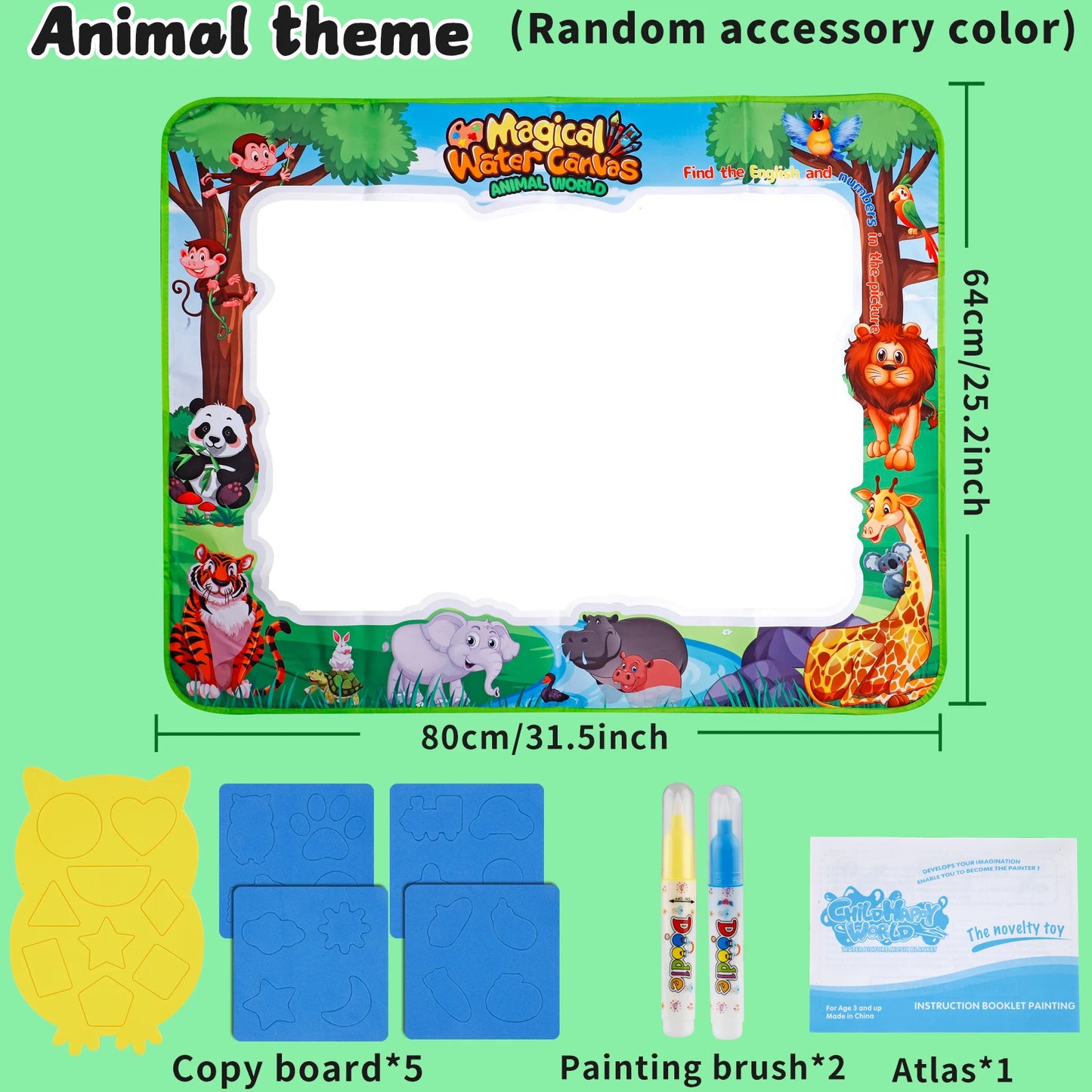 MQUDUO Boys Girls Water Painting Mat, Large Reusable Doodle Pad with Animal Alphabet Theme for Fine Motor Skill Toy