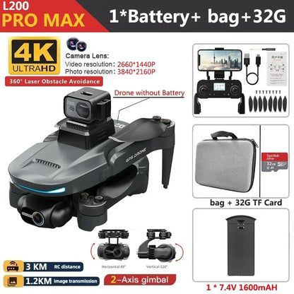 L200 PRO MAX Drone 4K 2-Axis PTZ HD Dual Camera 360° Laser Obstacle Avoidance Brushless Motor GPS 5G WIFI RC FPV Quadcopter Toys