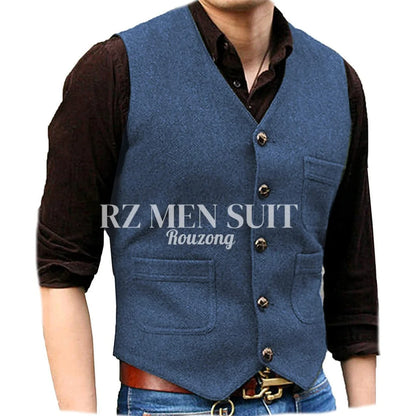 Mens Vintage Tweed Suit Vest V Neck Casual Wool Waistcoat for Wedding Groomsmen chaleco hombre