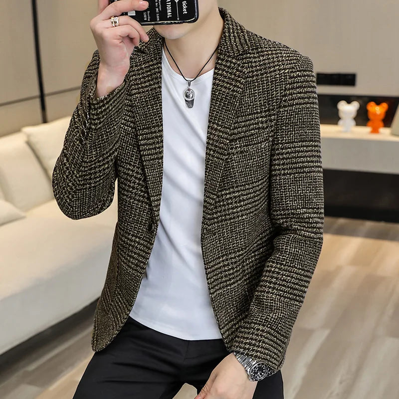 High-quality Men's Fashionable Small Suit Korean-style Slim-fit Top, Cool and Casual Plaid Single Suit, Trendy Formal Jacket
