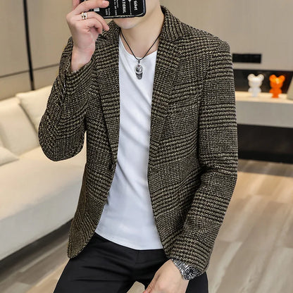 High-quality Men's Fashionable Small Suit Korean-style Slim-fit Top, Cool and Casual Plaid Single Suit, Trendy Formal Jacket