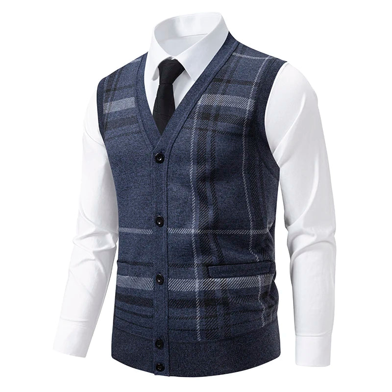 Men's V-Neck Sleeveless Vest Knitted Button Cardigan Geometric Waistcoat Autumn Winter Fleece Lined Knit Vests
