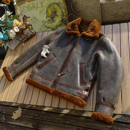 Turkish Authentic Sheepskin Leather Jacket Vintage Cracked Texture Winter Warmth And Style Ideal Choice