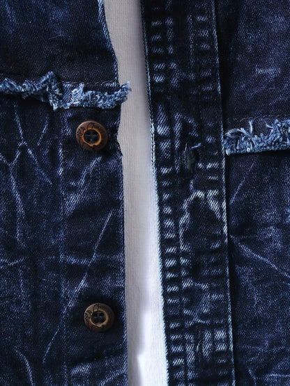 Men's denim shirt for autumn, American retro long-sleeved, washed dark blue, blue denim shirt with double pockets, workwear styl