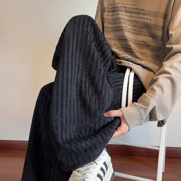 Soft Knit Casual Joggers for Men Plaid Style Stripe Design Loose Fit Sports Pants Warm for Fall Winter