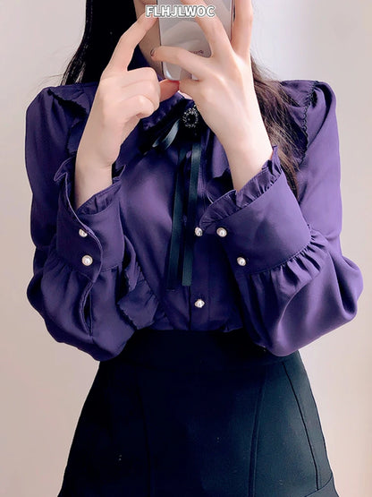 2025 Woman Cute Sweet Girls Thin Semi Transparent Ribbon Bow Tie Retro Vintalge Top Blusas Purple Green White Button Shirts