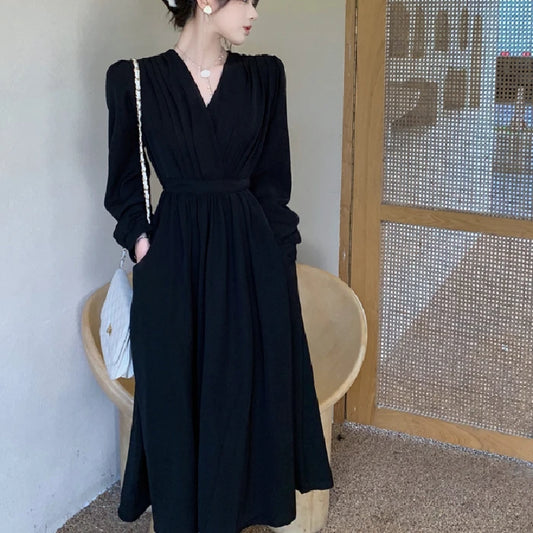 plus Size Vintage Hepburn Sle V-Ne Waist-Cinched Slimming Autumn New Arrival Women's Dr Korean Commute Sle Long Sve