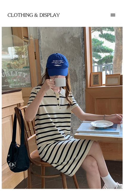 new Korean striped dress for women's summer, pure cotton straight tube mid length skirt