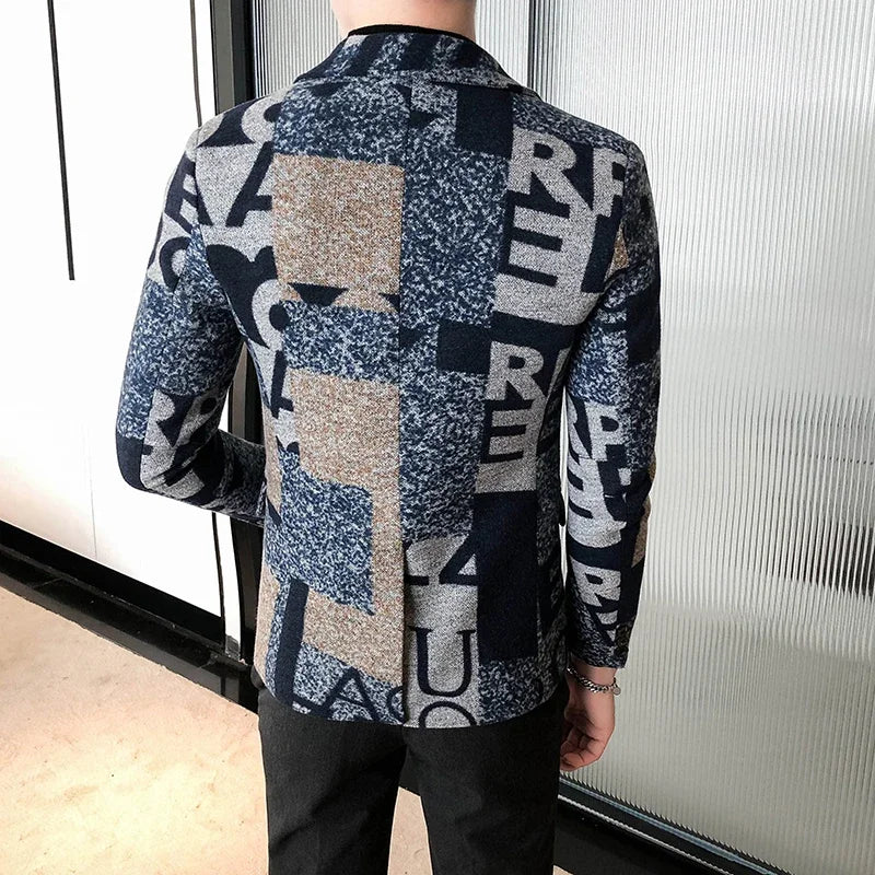Men's New Suit Jacket Autumn and Winter Men's Letter Printed Suit Jacket Slim Lapel Comfortable Suit Jacket Fashion Woolenjacket