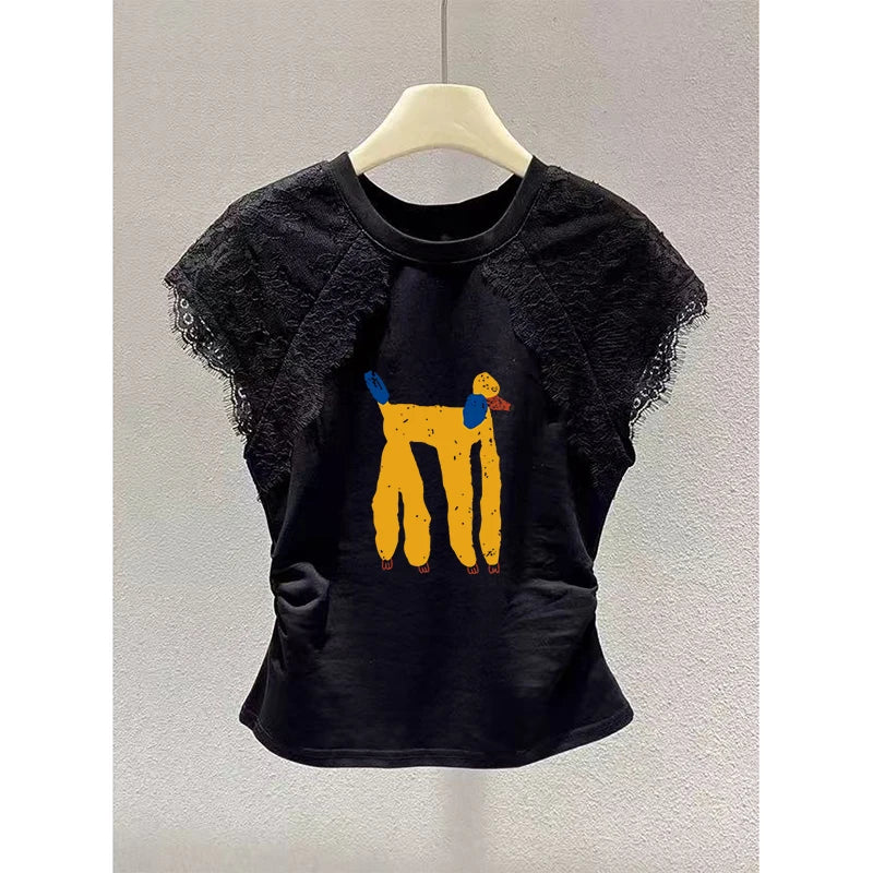 Retro Black Lace Mesh Short Sleeve Top Women Summer Fly Sleeve Short T-Shirt Outlet Store Printed Slim Fit Cotton Polyester