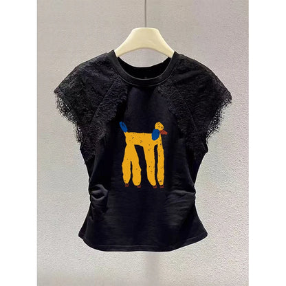 Retro Black Lace Mesh Short Sleeve Top Women Summer Fly Sleeve Short T-Shirt Outlet Store Printed Slim Fit Cotton Polyester