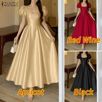 ZANZEA Elegant Chic Women Satin Wedding Guest Party Long Dresses Square Neck Short Puff Sleeve Fitted Waist A-Line Dress S-3XL