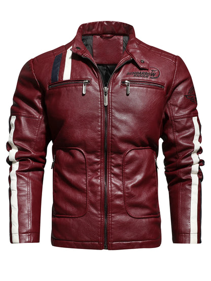 Men's PU Leather Motorcycle Racing Suit Color Embroidered Jacket with Cotton Inner for Racing