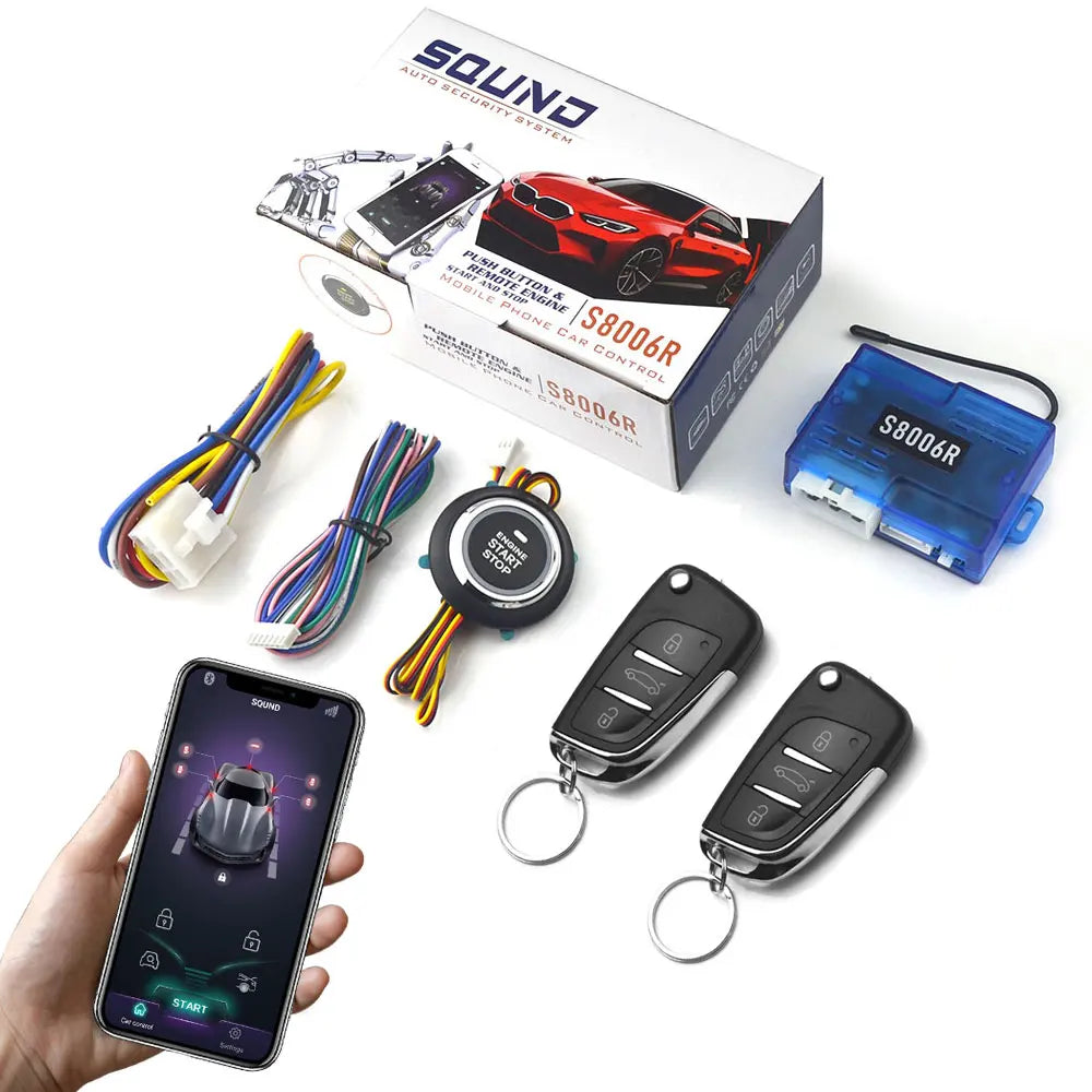 12V Universal Car Alarm System with Keyless Entry Mobile App Controlled Keyless Entry Start Stop Button Two Remote Controls