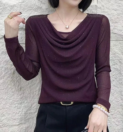 Ladies Fashion Slim Simplicity Elegant Trend Sexy Temperament Solid Color Long Sleeve Net Yarn Pullover Summer New Style Tops