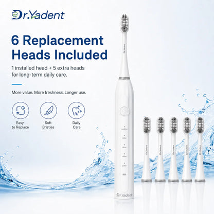 Dr.Yadent Sonic Electric Toothbrush for Adults 5 Modes Rechargeable Toothbrush IPX7 Waterproof 6 Brush Heads Type-C Gum Care