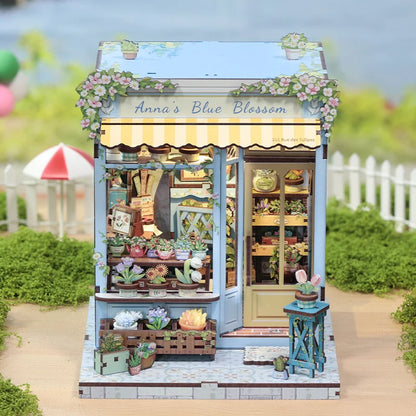 Cutebee Diy Mini Wooden Dollhouse With Furniture Light Doll House Miniature Model Anna's Blue Blossom For Toys Birthday Gifts