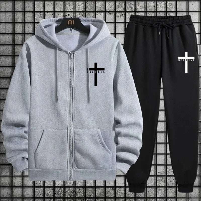Cross of Christ Mens Hip Hop Tracksuit Set 2026 New 2 Piece Outfit Zipper Hoodie Joggers Urban Streetwear Autumn Winter Fashion