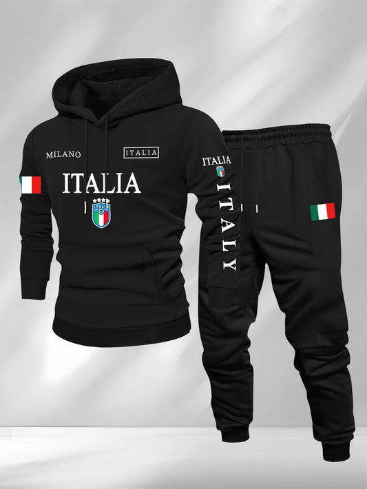 Italy pattern Men's Hoodie and Bundled pants set fleece Autumn winter two-piece set top bottom sets windproof Warm Cotton suit