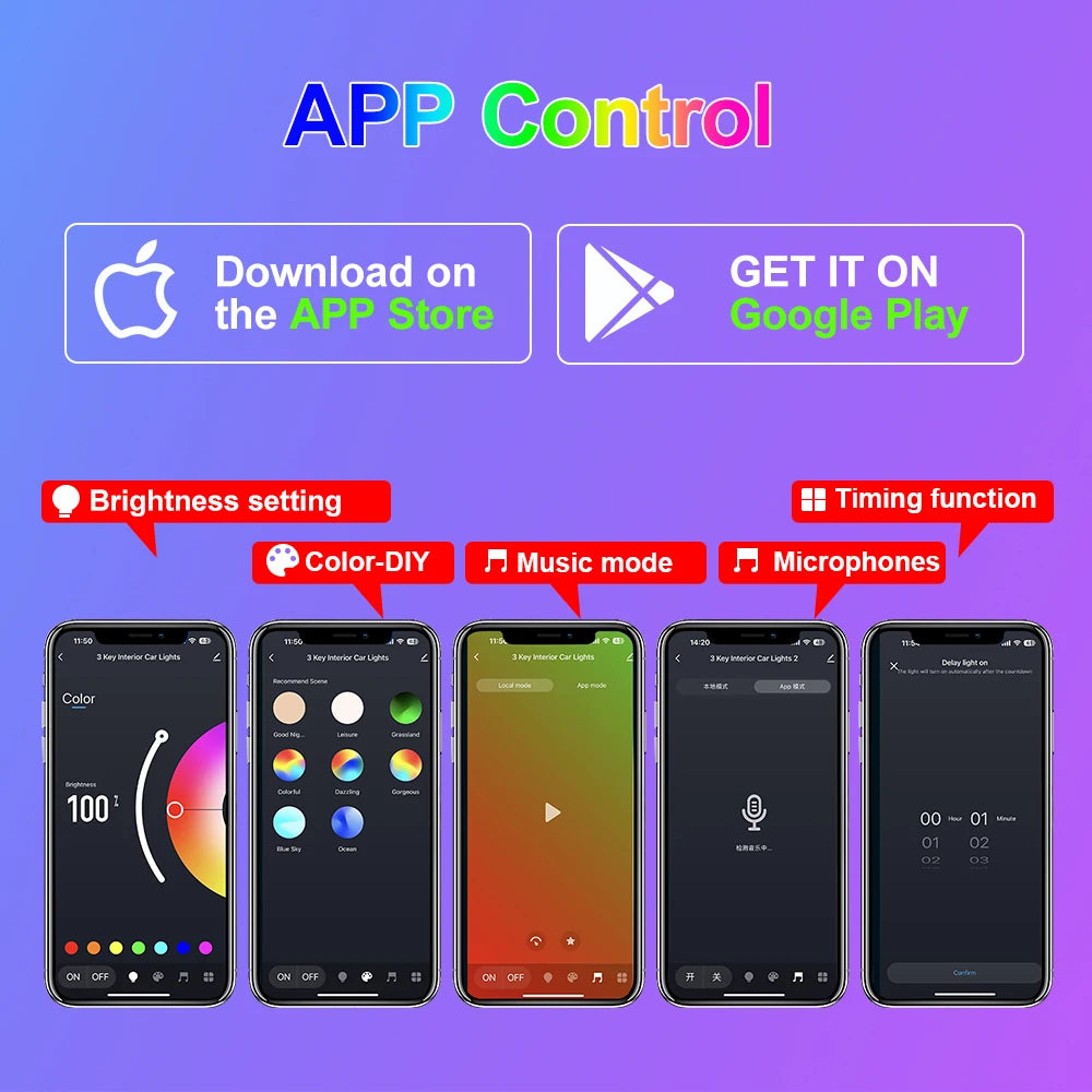 Universal Neon Car Ambient Light RGB LED Foot Strip with APP Control off Road 4x4 SUV Interior Atmosphere Light Auto Decorative