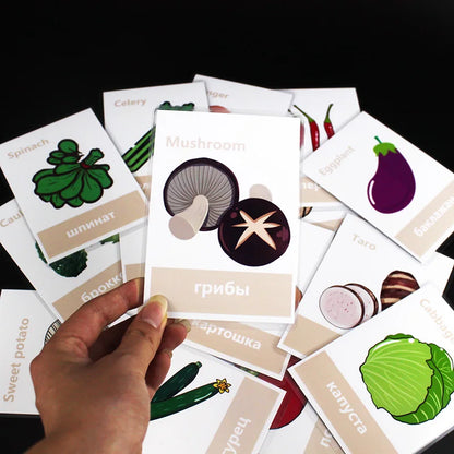 64pcs Russian Animals/Vegetables/Fruits/Number English Learning Card  Learning Early Education Children's Games Word Pocket Card