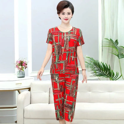 Summer 2025 Ice Silk Loose Fit Short Sleeve round Neck Two Piece Set for Middle-Aged And Elderly Casual Style Comfortable Wear