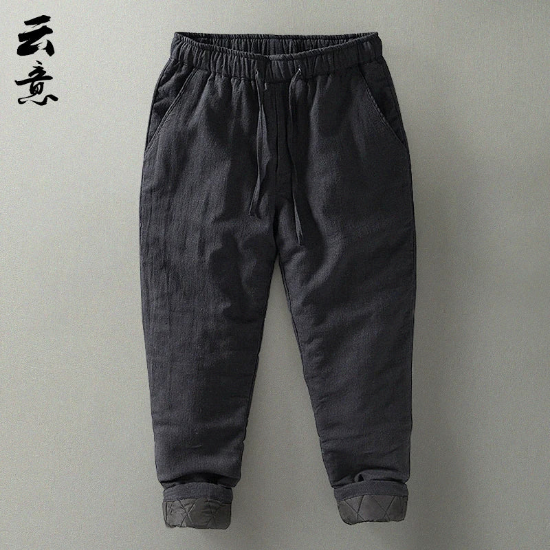 Men's Winter Thickened Cotton Linen Casual Pants Loose Fit Thermal Long Trousers Traditional Chinese Style Warm Cotton Padded