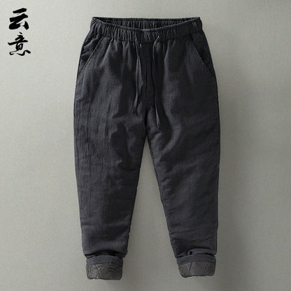 Men's Winter Thickened Cotton Linen Casual Pants Loose Fit Thermal Long Trousers Traditional Chinese Style Warm Cotton Padded