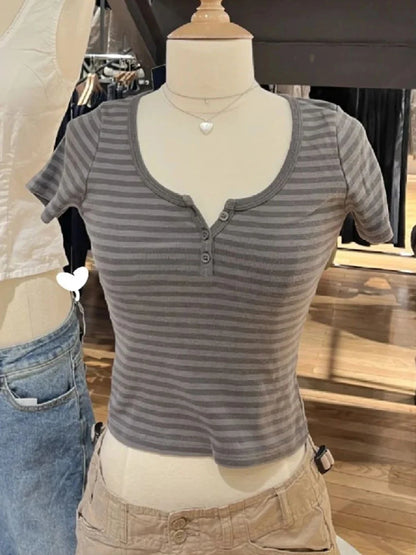 Pink Striped Slim Buttons T-shirts Women New Cotton O-neck Casual Simple Basic Short Sleeve Tees Sweet Cute Girls Tshirt Y2K Top