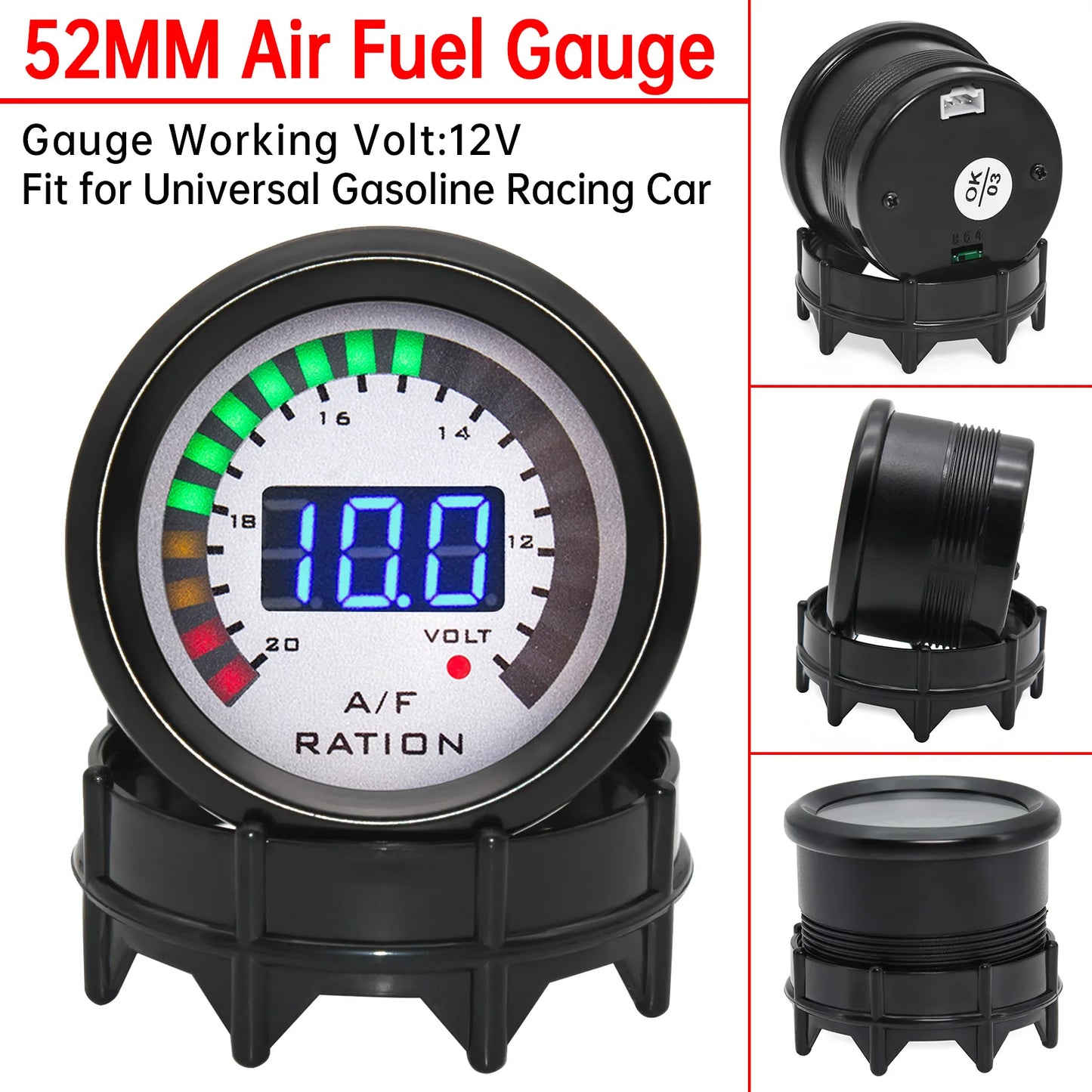 2'' 52mm Air Fuel Ratio Gauge 2 In 1 Voltmeter AFR Car Gauge Can Be Paired With Narrowband O2 Oxygen Sensor Fit for 12V Vehicle