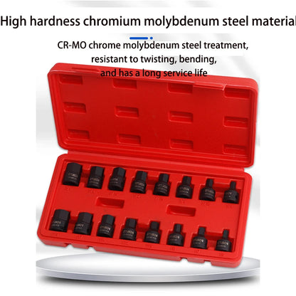 3/8 Inch Drive Low Profile Impact Hex Driver Set SAE/Metric 1/4-3/4 Inch 6-19mm Cr-Mo Steel One-Piece Construction Hand Tool