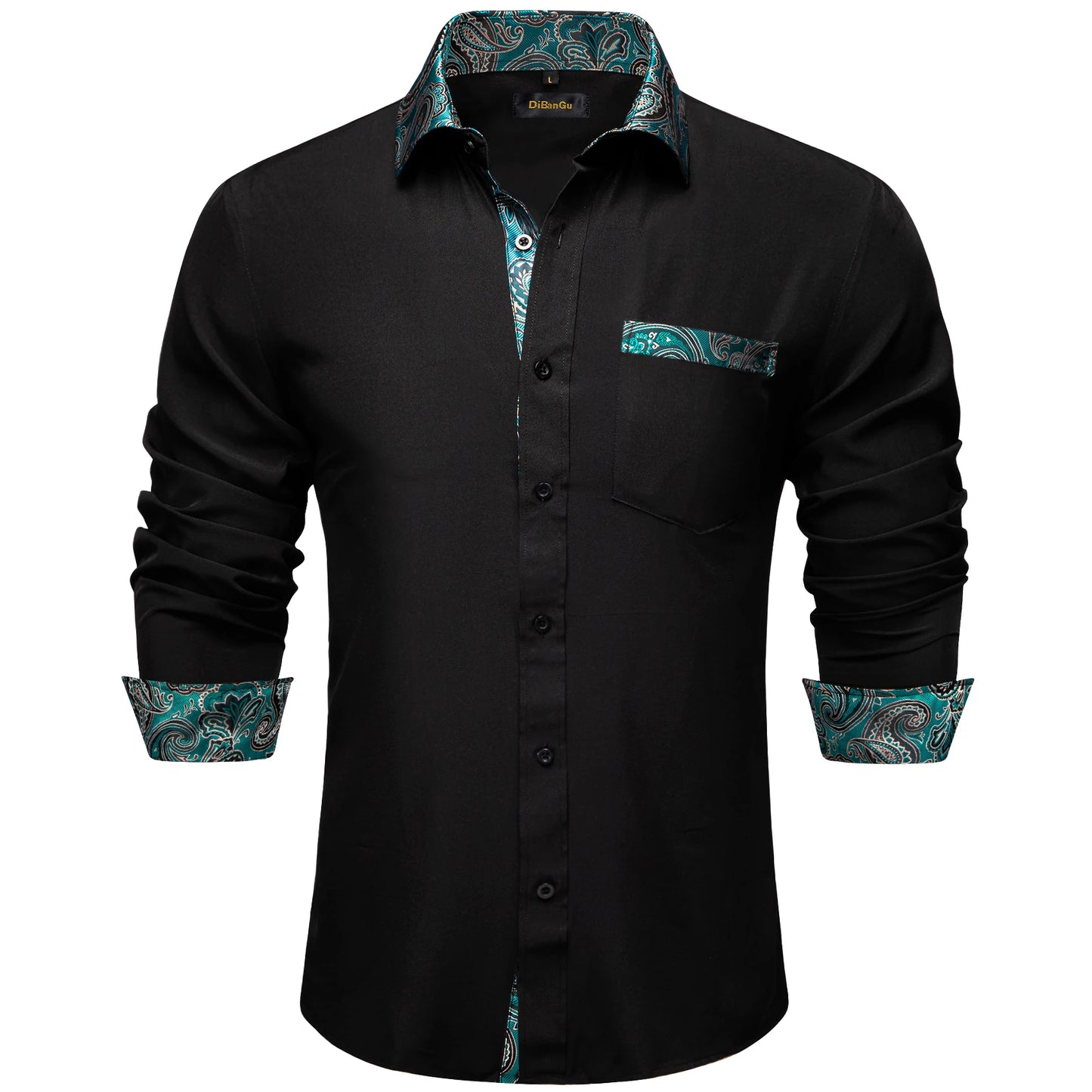 Men Shirts Long Sleeve Black and Green Contrast Color Tops Casual Fashion Polyester Dress Shirt Business Party Men Clothing