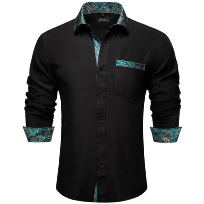 Men Shirts Long Sleeve Black and Green Contrast Color Tops Casual Fashion Polyester Dress Shirt Business Party Men Clothing