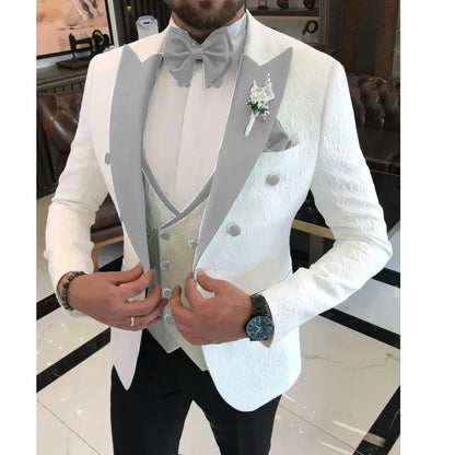 Floral Wedding Suits for Men Double Breasted Jacket with Vest Pants 3 Pieces Peak Lapel Groom Tuxedo Male Fashion Suit