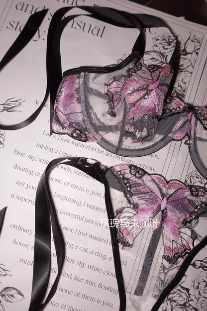 Ultra-Thin Sexy Lace Sheer Lingerie Set For Women French Butterfly Embroidery Push Up Bra Soft Underwire Support Date Night Wear