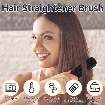 Rechargeable Hair Straightener Brush, Ionic Straightening Comb with 20s Fast Heating, 3 Temp Settings & Auto-Off for Home Salon