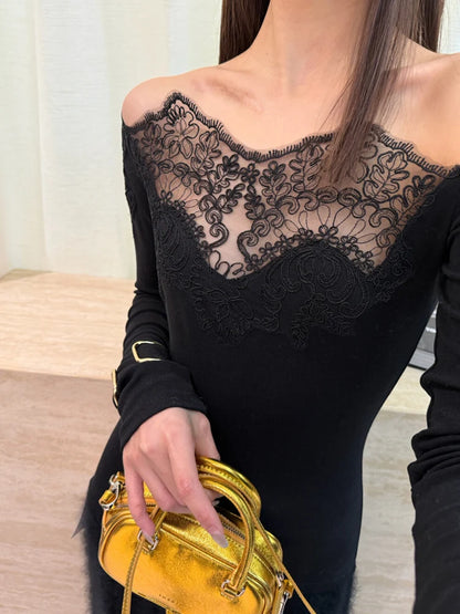 French Style Lace Trim Shoulder Bridesmaid Long Sleeve Slim Fit Base Shirt Women's Autumn Winter Fashionable Shoulder Bared Top