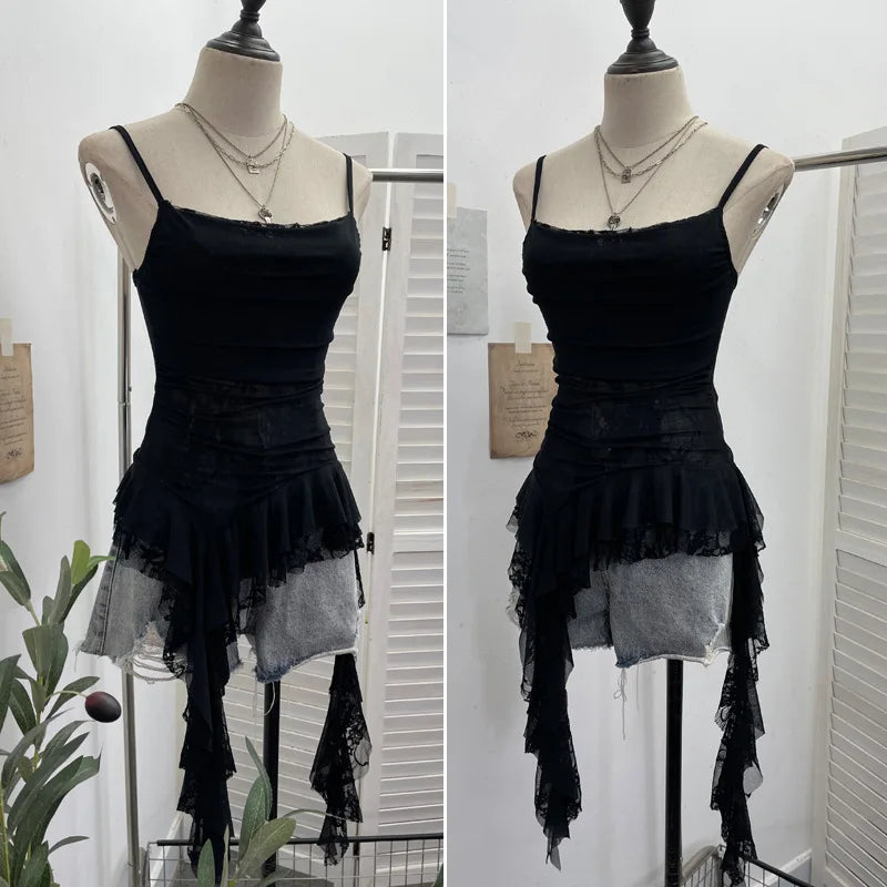 ISAROSE Summer Y2K Camisole for Women Casual Spaghetti Straps Double Layers Lace Stretch Mesh Patchwork Asymmetrical Slim Tops