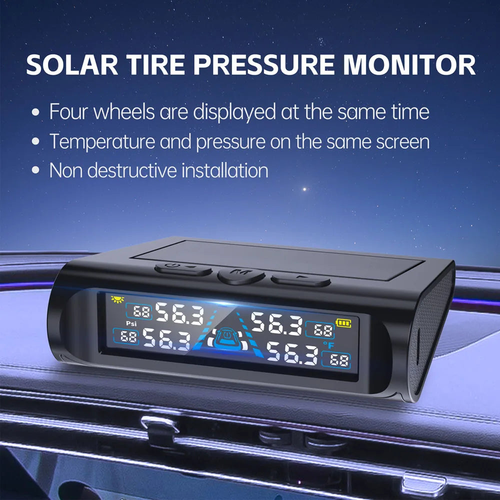 Solar-Powered Tire Pressure Monitoring System Digital LCD Display 0-6.8 Bar Tire Pressure Gauge Car Tire Monitor Bring 4 Sensors